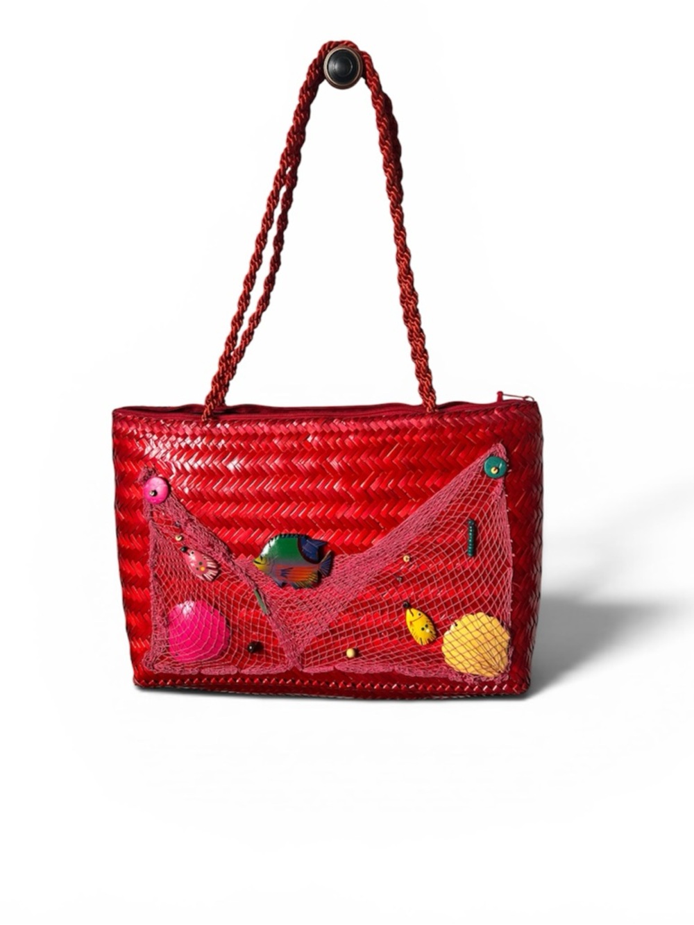 Vintage Red Woven Tote Bag with Decorative Fish and Shell Accents by Oggi Domani